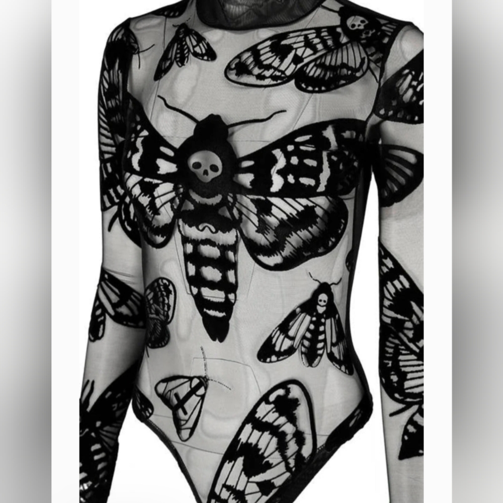 Black Sheer Moth Print Bodysuit - Picture 2 of 5